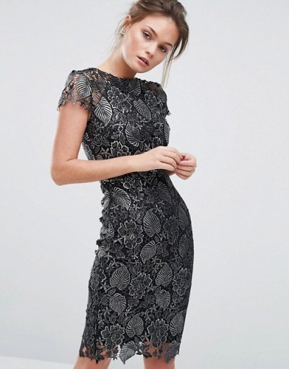Paper Dolls Metallic Lace Pencil Dress in metallic black silver -chic party dresses – effortless evening style – feminine occasion fashion - flipped