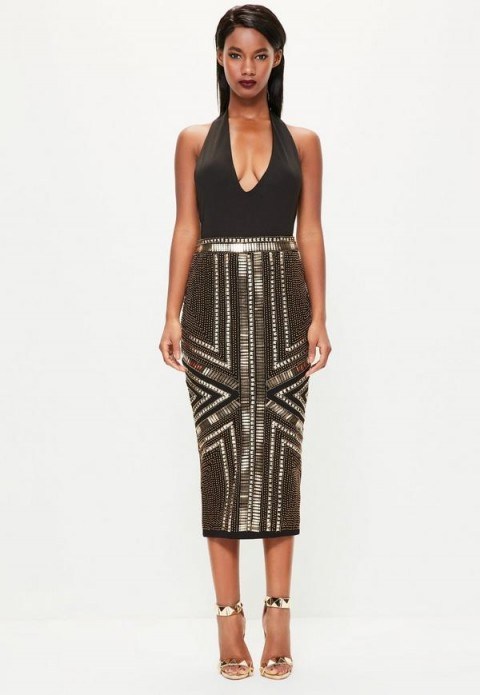 missguided peace + love black heavily embellished midi skirt ~ occasion skirts ~ luxury style ~ beaded ~ glam evening fashion - flipped