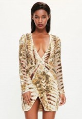 MISSGUIDED peace + love gold embellished wrap dress. Plunge front party dresses | glamorous evening fashion | glittering glamour | sparkle | shimmering sequins | plunging