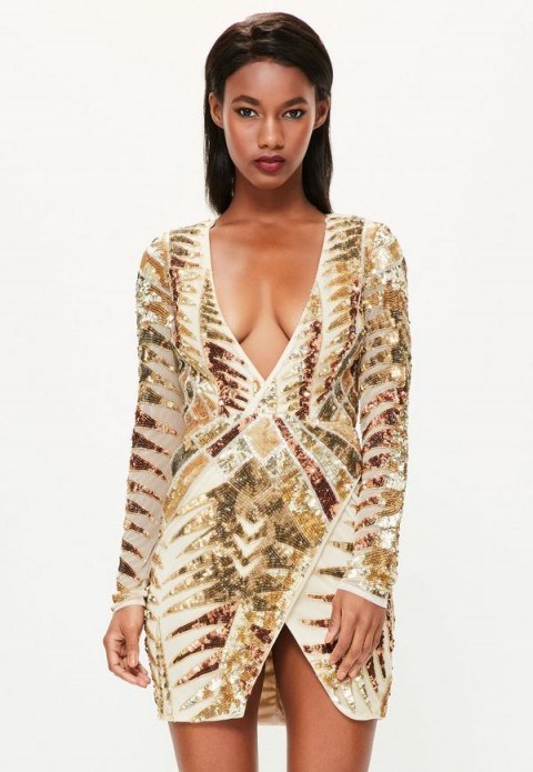 MISSGUIDED peace + love gold embellished wrap dress. Plunge front party dresses | glamorous evening fashion | glittering glamour | sparkle | shimmering sequins | plunging - flipped