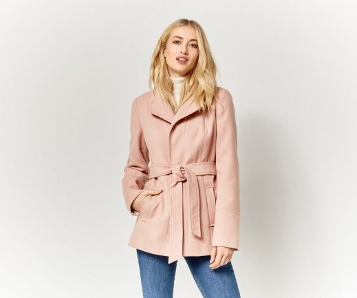 OASIS PHILLIPA FUNNEL NECK COAT mid pink – stylish belted jackets – chic coats – fashion & style - flipped