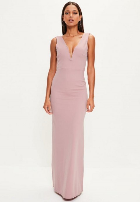 MISSGUIDED pink v plunge maxi dress. Long plunge front dresses | deep V neckline | plunging | evening fashion | going out glamour | low back | pink/mauve
