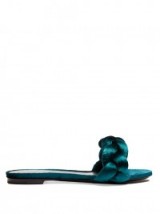 MARCO DE VINCENZO Plaited teal-green velvet slides. luxe slip-on flats | luxury flat shoes | designer footwear