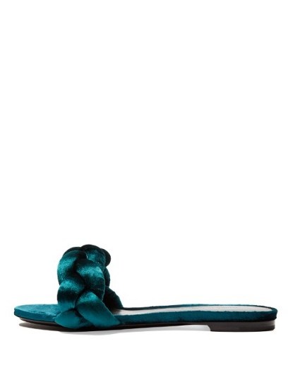 MARCO DE VINCENZO Plaited teal-green velvet slides. luxe slip-on flats | luxury flat shoes | designer footwear - flipped