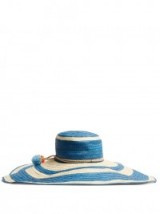 SOPHIE ANDERSON Pompom-embellished blue & beige raffia hat ~ floppy summer hats ~ chic holiday accessories