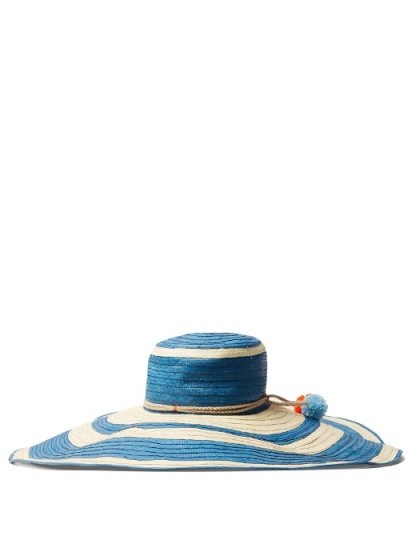 SOPHIE ANDERSON Pompom-embellished blue & beige raffia hat ~ floppy summer hats ~ chic holiday accessories - flipped