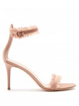 GIANVITO ROSSI Portofino fringe-trimmed sandals ~ dusty pink satin shoes ~ luxe mid heels ~ luxury ankle strap sandal ~ feminine style ~ occasion ~ ruffled