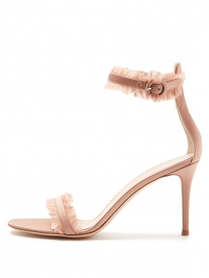 GIANVITO ROSSI Portofino fringe-trimmed sandals ~ dusty pink satin shoes ~ luxe mid heels ~ luxury ankle strap sandal ~ feminine style ~ occasion ~ ruffled - flipped
