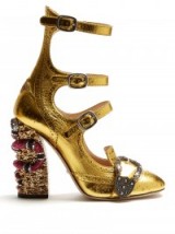 GUCCI Queercore crystal-embellished block-heel pumps ~ super-luxe shoes ~ gold statement high heels ~ designer crystal encrusted ankle straps ~ block heel ~ luxury fashion ~ bling footwear ~ three strap shoes
