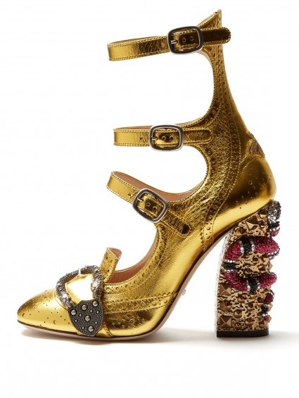 GUCCI Queercore crystal-embellished block-heel pumps ~ super-luxe shoes ~ gold statement high heels ~ designer crystal encrusted ankle straps ~ block heel ~ luxury fashion ~ bling footwear ~ three strap shoes - flipped