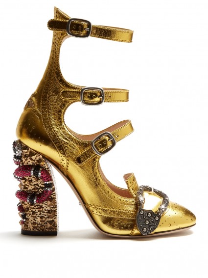 GUCCI Queercore crystal-embellished block-heel pumps ~ super-luxe shoes ~ gold statement high heels ~ designer crystal encrusted ankle straps ~ block heel ~ luxury fashion ~ bling footwear ~ three strap shoes