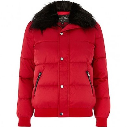 river island red faux fur trim padded jacket ~ stylish casual jackets ~ weekend coats ~ shopping fashion - flipped