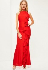 missguided red frill 90’s neck maxi dress ~ long occasion dresses ~ frilled ~ ruffled ~ long & elegant ~ evening fashion ~ glamour