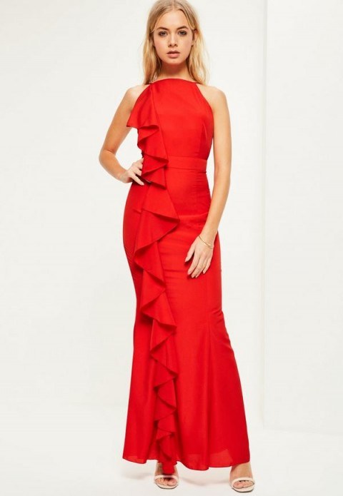 missguided red frill 90’s neck maxi dress ~ long occasion dresses ~ frilled ~ ruffled ~ long & elegant ~ evening fashion ~ glamour - flipped