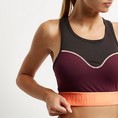 river island – RI Active burgundy block sports bra. Sportswear | gym tops | training bras - flipped