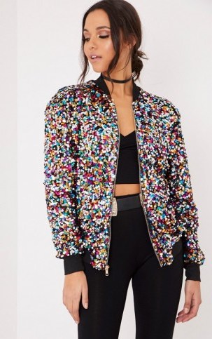 pretty little thing RIVA MULTI SEQUIN BOMBER JACKET. Multi-coloured sequined jackets | on-trend outerwear | embellished fashion - flipped
