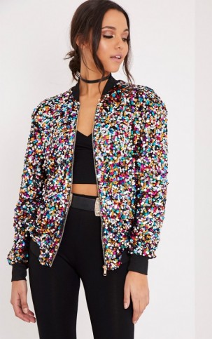 pretty little thing RIVA MULTI SEQUIN BOMBER JACKET. Multi-coloured sequined jackets | on-trend outerwear | embellished fashion