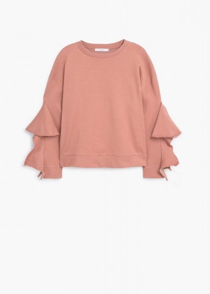 MANGO Seoul Ruffled sleeves sweatshirt in light pink. Ruffle sweatshirts | pretty casual tops | on-trend fashion | cute ruffles - flipped