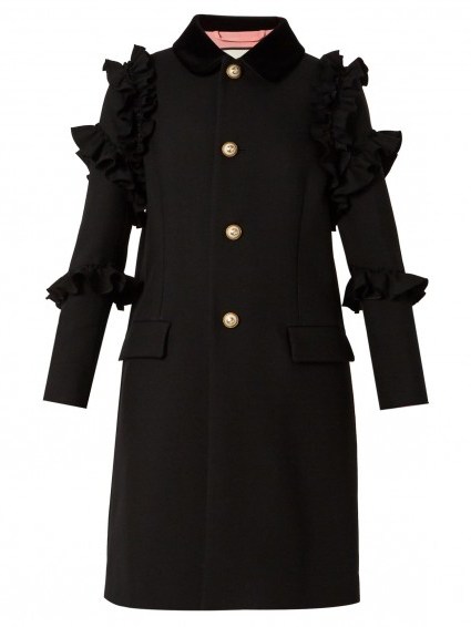 GUCCI Ruffle-trimmed single-breasted wool coat – dream coats – designer outerwear – ruffled fashion – tailored clothing – feminine & chic - flipped