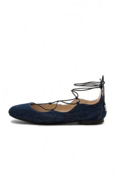 SAM EDELMAN – FLYNT BALLET FLAT. Navy blue denim flats | strappy shoes | lace up front ballerinas - flipped
