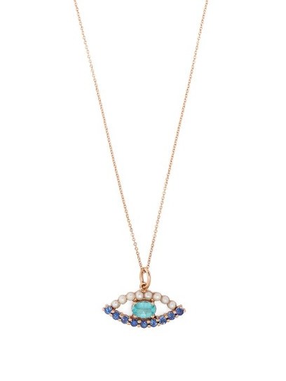 ILEANA MAKRI Sapphire, apatite, pearl & rose-gold necklace. Luxe necklaces | mermaid’s eye | luxury pendants | sapphires | pearls | blue gem stone jewellery - flipped