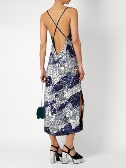 HOUSE OF HOLLAND Sequin-embellished slip dress. Blue and silver sequins | luxe cami dresses | evening glamour | shimmering occasion fashion | embellished designer clothing | totally glam | strappy - flipped