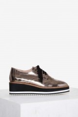 Shellys London Cece Pewter Patent Leather Oxford Shoe. Platform wedge shoes | lace ups | shiny metallic | wedges