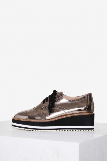 Shellys London Cece Pewter Patent Leather Oxford Shoe. Platform wedge shoes | lace ups | shiny metallic | wedges - flipped