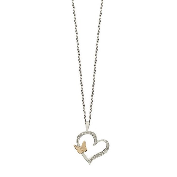 Ernest Jones Silver & 9ct rose gold diamond heart & butterfly pendant ~ pendants ~ diamonds ~ hearts ~ romantic jewellery ~ cute necklaces ~ butterflies - flipped
