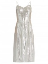 HVN Sleeveless lamé silver slip dress. Luxe cami dresses | strappy | thin strap fashion | shimmering | spaghetti straps | occasion wear | evening style clothing