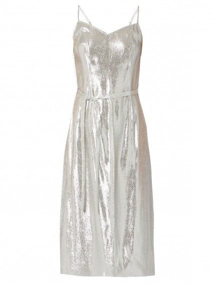 HVN Sleeveless lamé silver slip dress. Luxe cami dresses | strappy | thin strap fashion | shimmering | spaghetti straps | occasion wear | evening style clothing - flipped