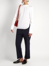 TIBI Smocked-neck white cotton-poplin top ~ casual chic ~ elegance ~ high neck tops ~ elegant fashion