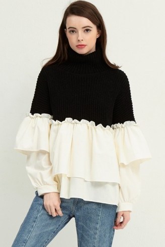 Storets Stella Color Block High Neck Pullover. Statement knitwear | frilled pullovers | feminine jumpers | cute knitted fashion | frills | ruffles | ruffled sweaters | high neckline | turtleneck | polo neck - flipped