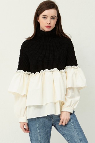 Storets Stella Color Block High Neck Pullover. Statement knitwear | frilled pullovers | feminine jumpers | cute knitted fashion | frills | ruffles | ruffled sweaters | high neckline | turtleneck | polo neck
