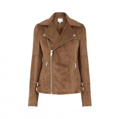 warehouse SUEDETTE BIKER JACKET ~ faux suede jackets ~ weekend style outerwear ~ stylish ~ on trend fashion ~ tan-brown - flipped