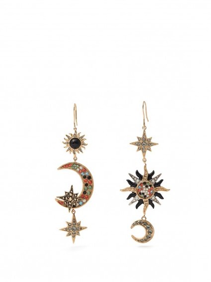 ROBERTO CAVALLI Sun, star and moon-embellished drop earrings. Statement jewellery | celestial | crystal moon and stars | crystals - flipped