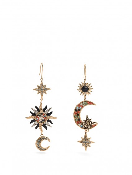 ROBERTO CAVALLI Sun, star and moon-embellished drop earrings. Statement jewellery | celestial | crystal moon and stars | crystals