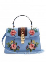 GUCCI Sylvie large floral-appliqué leather shoulder bag ~ luxe handbags ~ powder blue leather & pink embroidered flowers ~ luxury accessories ~ beautiful designer bags