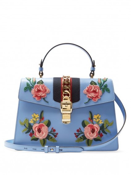 GUCCI Sylvie large floral-appliqué leather shoulder bag ~ luxe handbags ~ powder blue leather & pink embroidered flowers ~ luxury accessories ~ beautiful designer bags - flipped