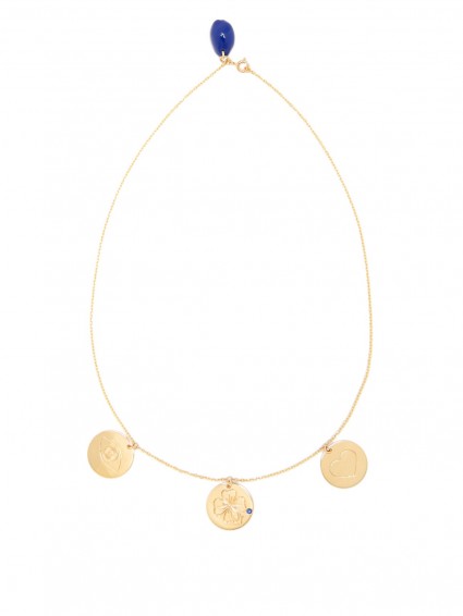 AURÉLIE BIDERMANN FINE JEWELLERY Three-medals sapphire & yellow-gold necklace. Disc necklaces | designer jewellery | luxe boho accessories