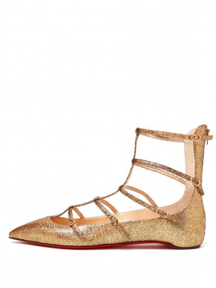CHRISTIAN LOUBOUTIN Toerless Muse multi-strap leather flats – luxe flat shoes – designer footwear – metallic gold fashion – strappy – shimmering - flipped