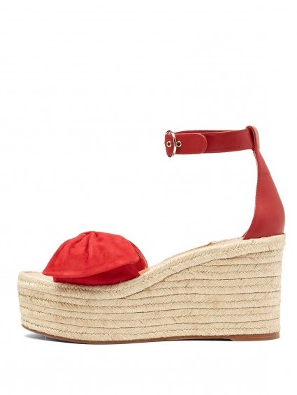 VALENTINO Tropical Bow red suede espadrille wedge sandals - flipped