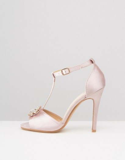 True Decadence T-Bar Light Pink Embellished Heeled Sandals ~ satin high heel shoes ~ stiletto heels ~ occasion accessories - flipped