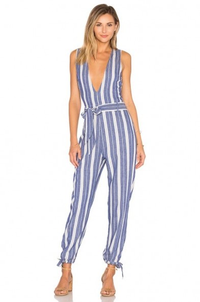TULAROSA – REESE JUMPSUIT with indigo stripe. Plunge front jumpsuits | sleeveless | blue and white stripes | striped fashion | deep V neckline | plunging necklines | stylish - flipped