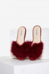 Valley Girl Feather Slide Sandal in Burgundy. Fluffy slides | red feathered sandals | luxe style flats | girly flat shoes | glamour