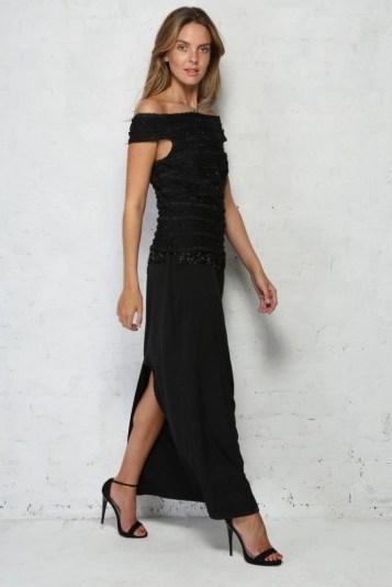 1970s Vintage Off The Shoulder Dress – 70s black evening dresses – long bardot gowns - flipped