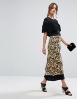Warehouse Floral Print Contrast Maxi Skirt ~ long black flower printed skirts ~ feminine ~ elegant fashion
