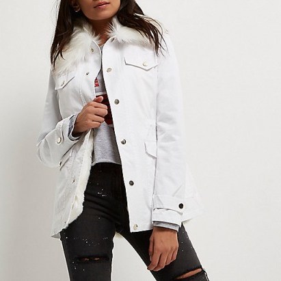 River Island White faux fur lined parka – stylish winter coats – on trend parkas – casual fashion - flipped