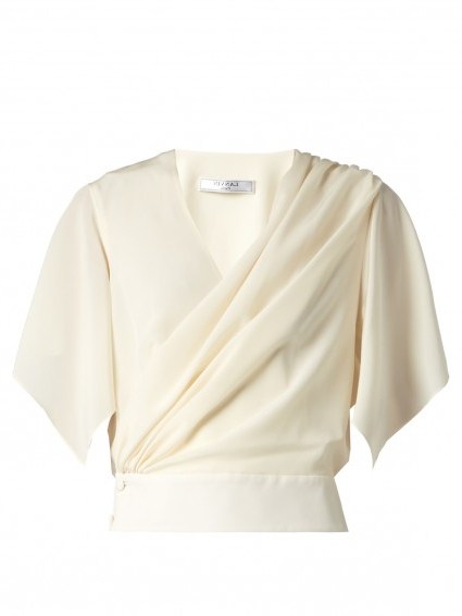 LANVIN Wrap-over ivory silk top ~ luxe fashion ~ luxury designer clothing ~ feminine style tops ~ wide floaty sleeves ~ effortless elegance ~ elegant blouses - flipped