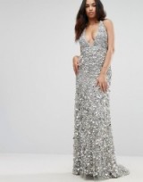 A Star Is Born Plunge silver Embellished Maxi Dress With Train